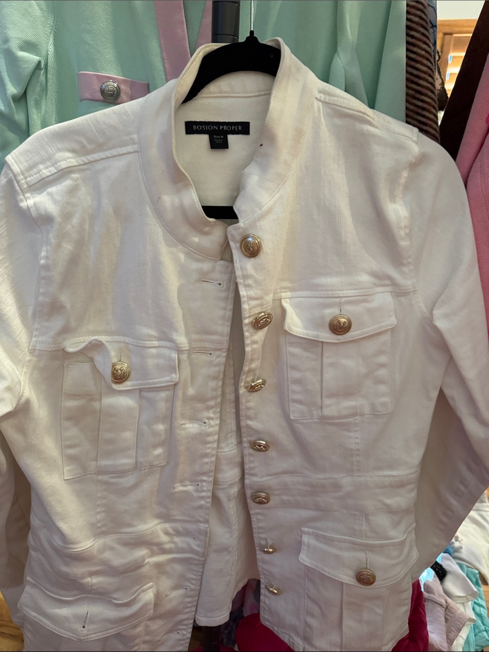 Boston Proper White Collarless Jacket with Gold-Tone Buttons